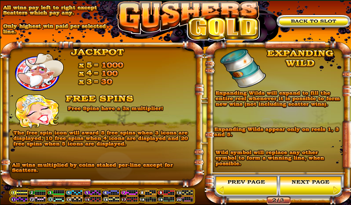 Pay Table for Rival Gaming Gushers Gold