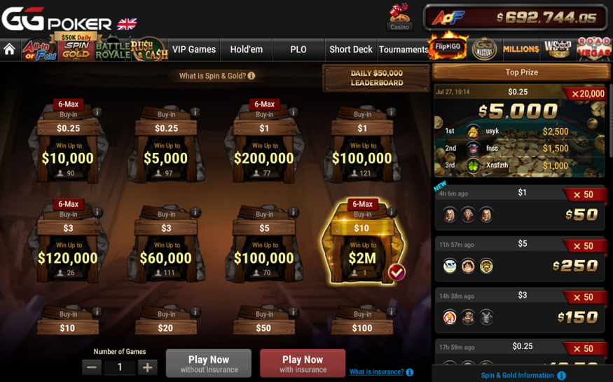 Spin and Gold Games at GG Poker