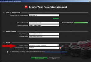 PokerStars Review - Marketing Code Screen